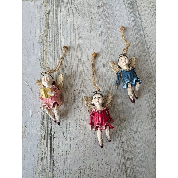 Jointed Angel cherub ornament vintage rustic crackle set are - Picture 1 of 10